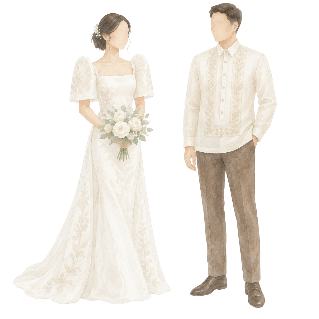 Watercolour illustration of the bride in a white Filipiniana gown and the groom in a cream Barong Tagalog