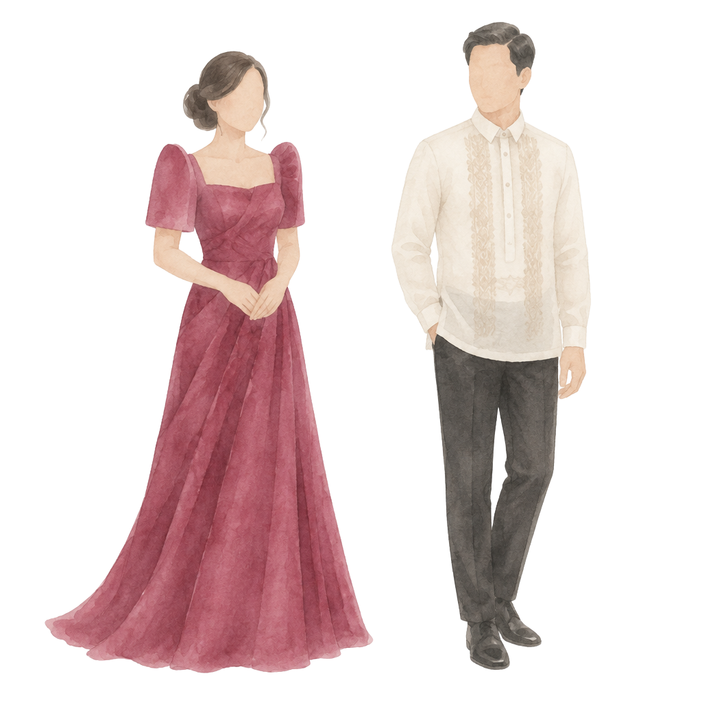Watercolour illustration of a bridesmaid in a dark fuchsia gown and a groomsman in a white Barong Tagalog