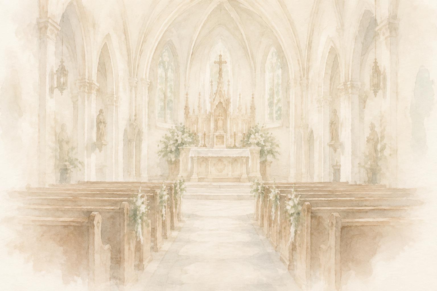 Soft watercolour of the church interior: central aisle, wooden pews and the altar